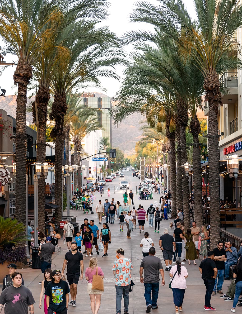 Pedestrians on a tree-lined street in Downtown Burbank